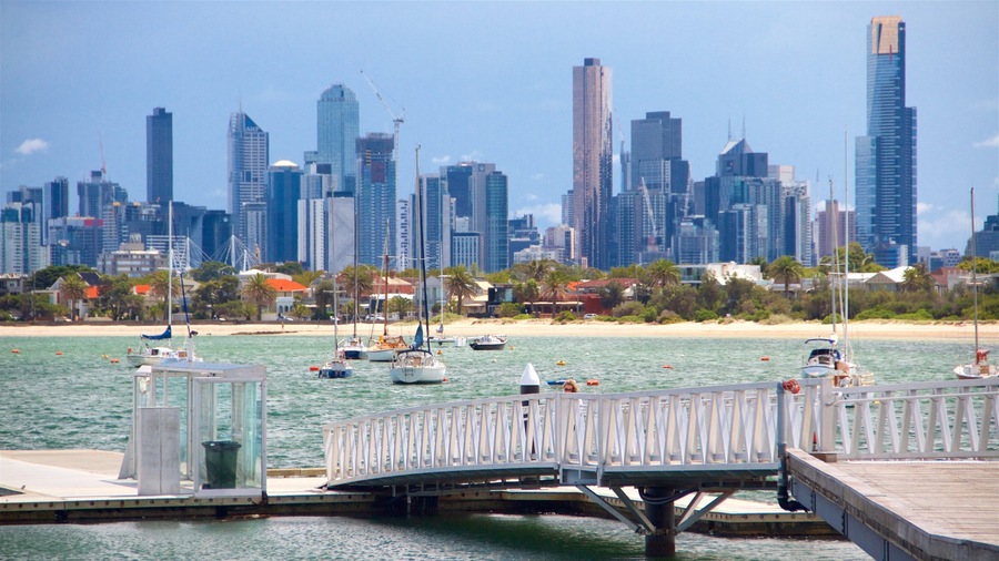 St Kilda which includes a coastal town, a high-rise building and a bay or harbour