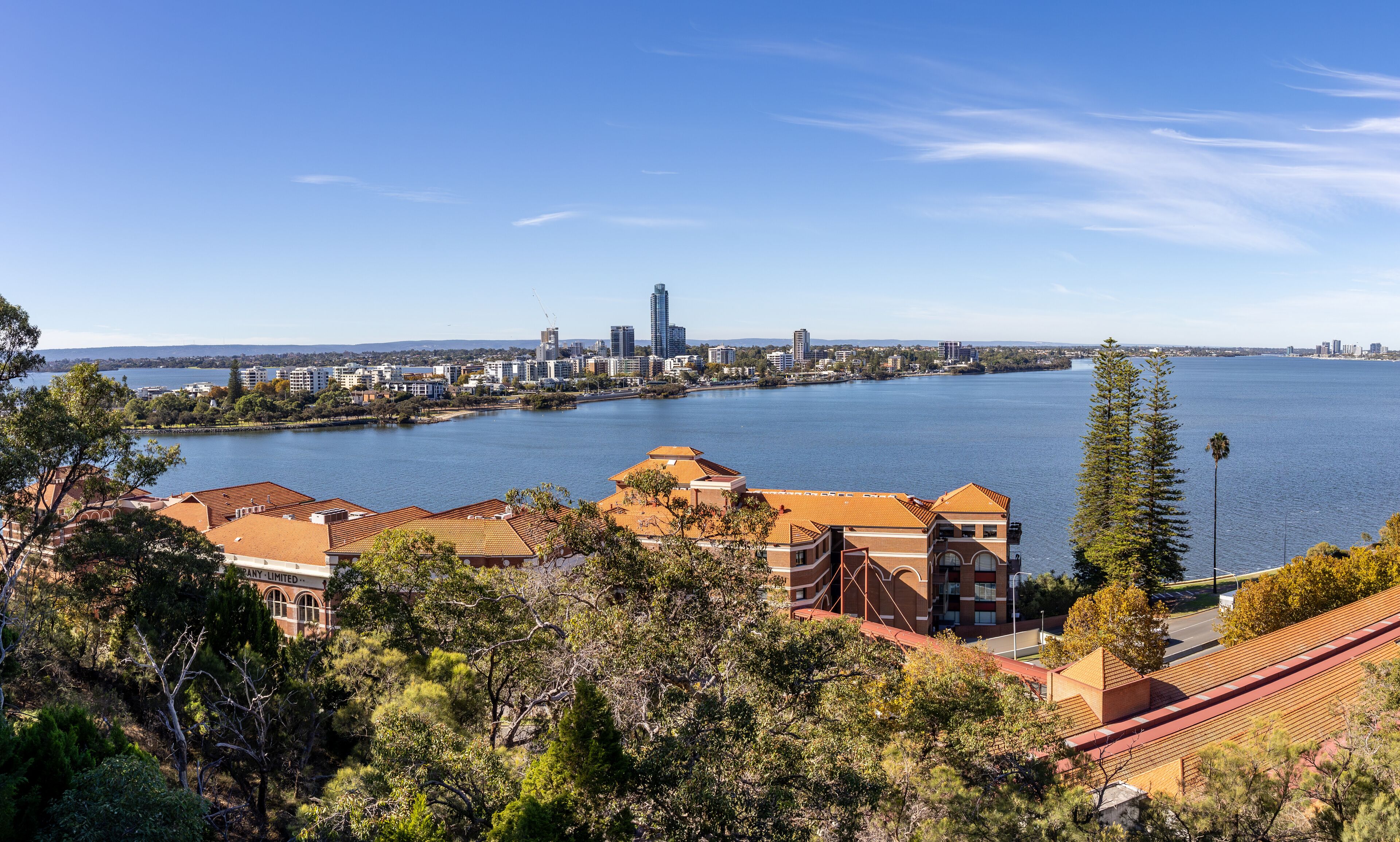Panorama view of the suburbs of South Perth and Como from Mount Eliza, Kings Park, with the Old Swan Brewery apartments in the foreground. Perth Western Australia