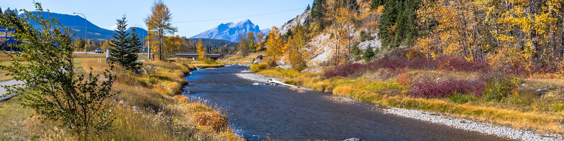 Autumn view from a walking path along the river in Blairmore, Alberta