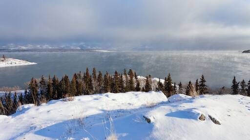 Steaming Lake Laberge Yukon pano before freezing