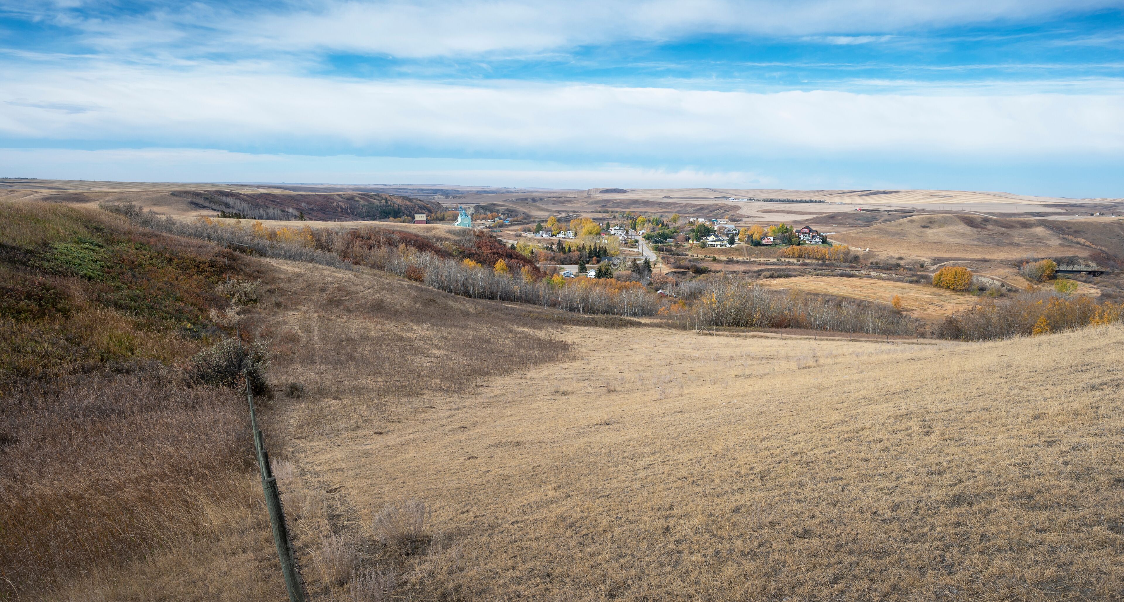 High angle view of the village of Rosebud in the Rosebud Valley in Alberta