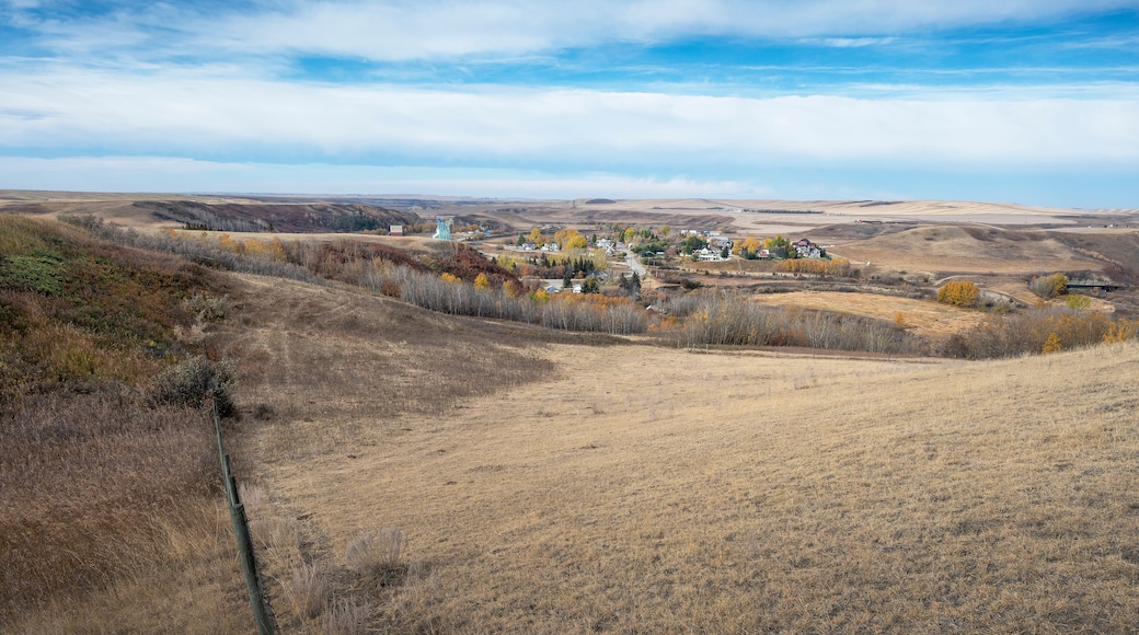 High angle view of the village of Rosebud in the Rosebud Valley in Alberta