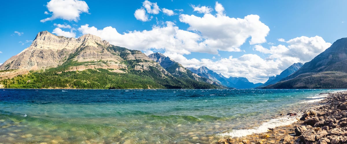 Vimy Peak, Mount Boswell, Mount Cleveland, as viewed from the shore of Upper Waterton Lake, in Waterton Park, Waterton Lakes National Park, Alberta, Canada