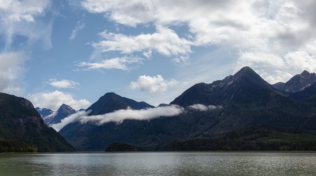Beautiful Panoramic View of Mud Lake with Mountains in the background. Taken in Blue River, North of Kamloops, British Columbia, Canada.