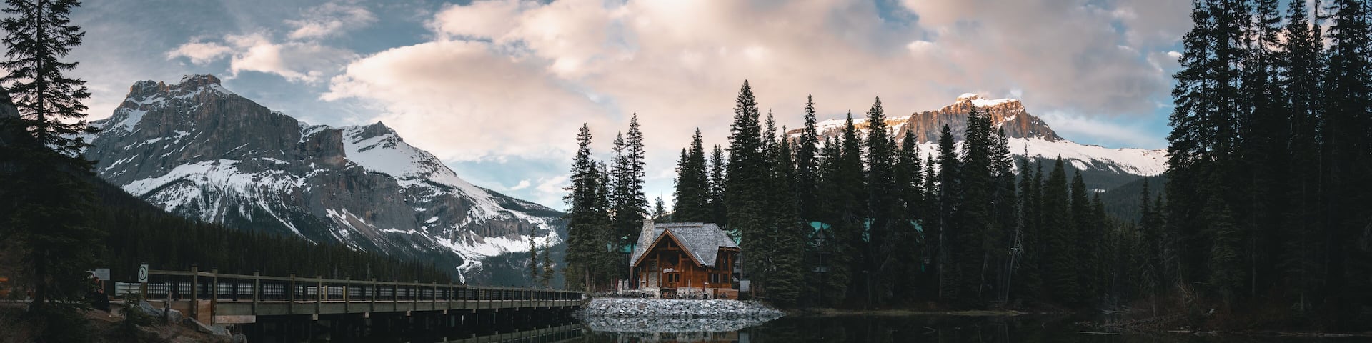 Emerald Lake lodge during sunset and sunrise in Yoho National Park near Banff. one of the most photogenic places in the Canadian Rockies. It is situated in the middle of nowhere between mountains