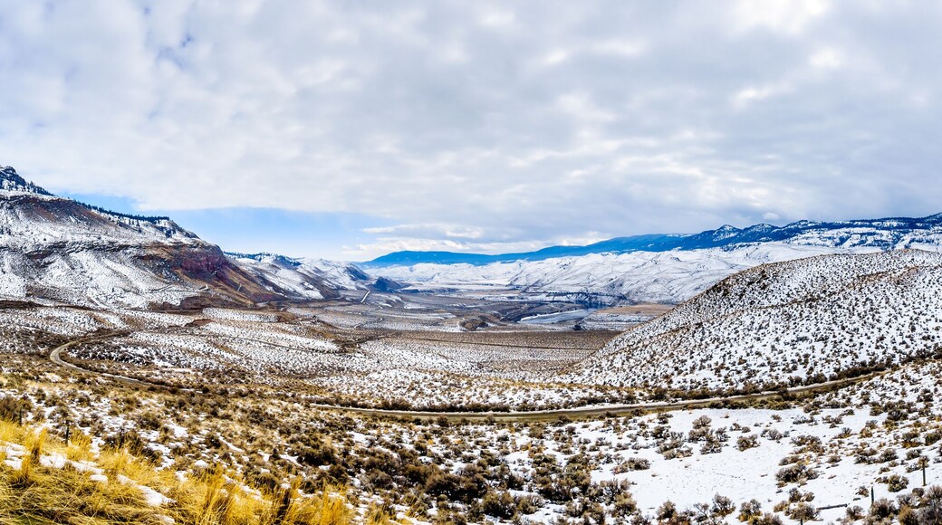 Panorama of the Winter Landscape in the semi desert of the Thompson River Valley between Kamloops and Cache Creek in central British Columbia, Canada