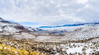 Panorama of the Winter Landscape in the semi desert of the Thompson River Valley between Kamloops and Cache Creek in central British Columbia, Canada