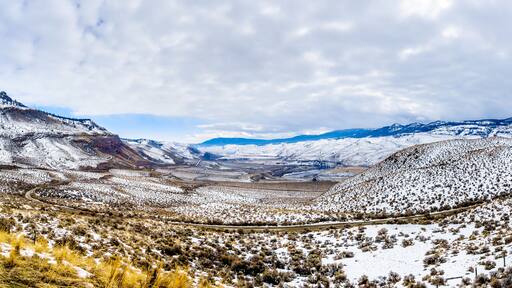 Panorama of the Winter Landscape in the semi desert of the Thompson River Valley between Kamloops and Cache Creek in central British Columbia, Canada