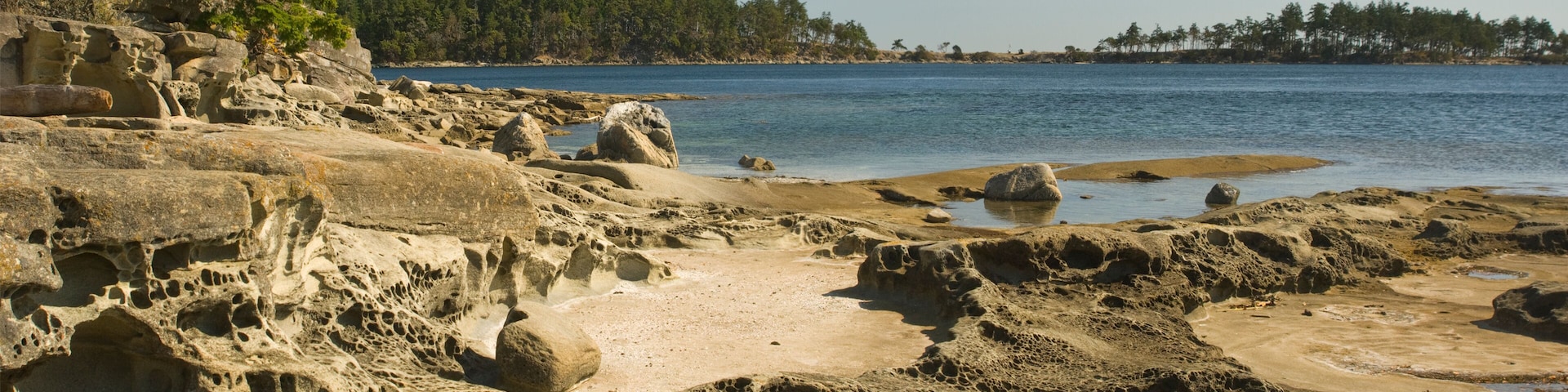 Uma costa rochosa com grandes pedras e uma ilha arborizada ao fundo.
