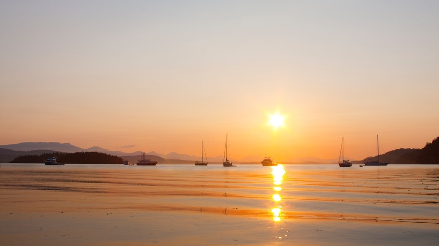 Galiano showing a sunset and a bay or harbour