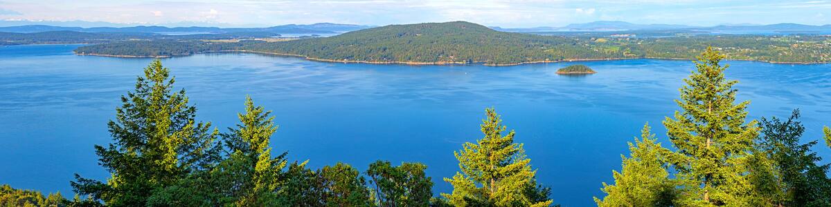 Panoramic view of the Saanich inlet and gulf islands in Vancouver Island