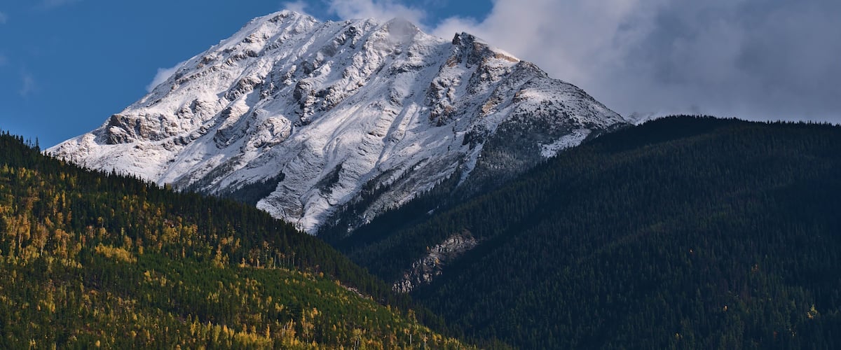 A snow-capped mountain with a forested valley.