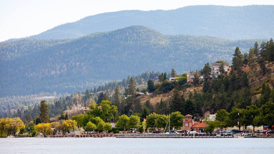 A lakeside town with houses on a hillside, surrounded by mountains and trees.