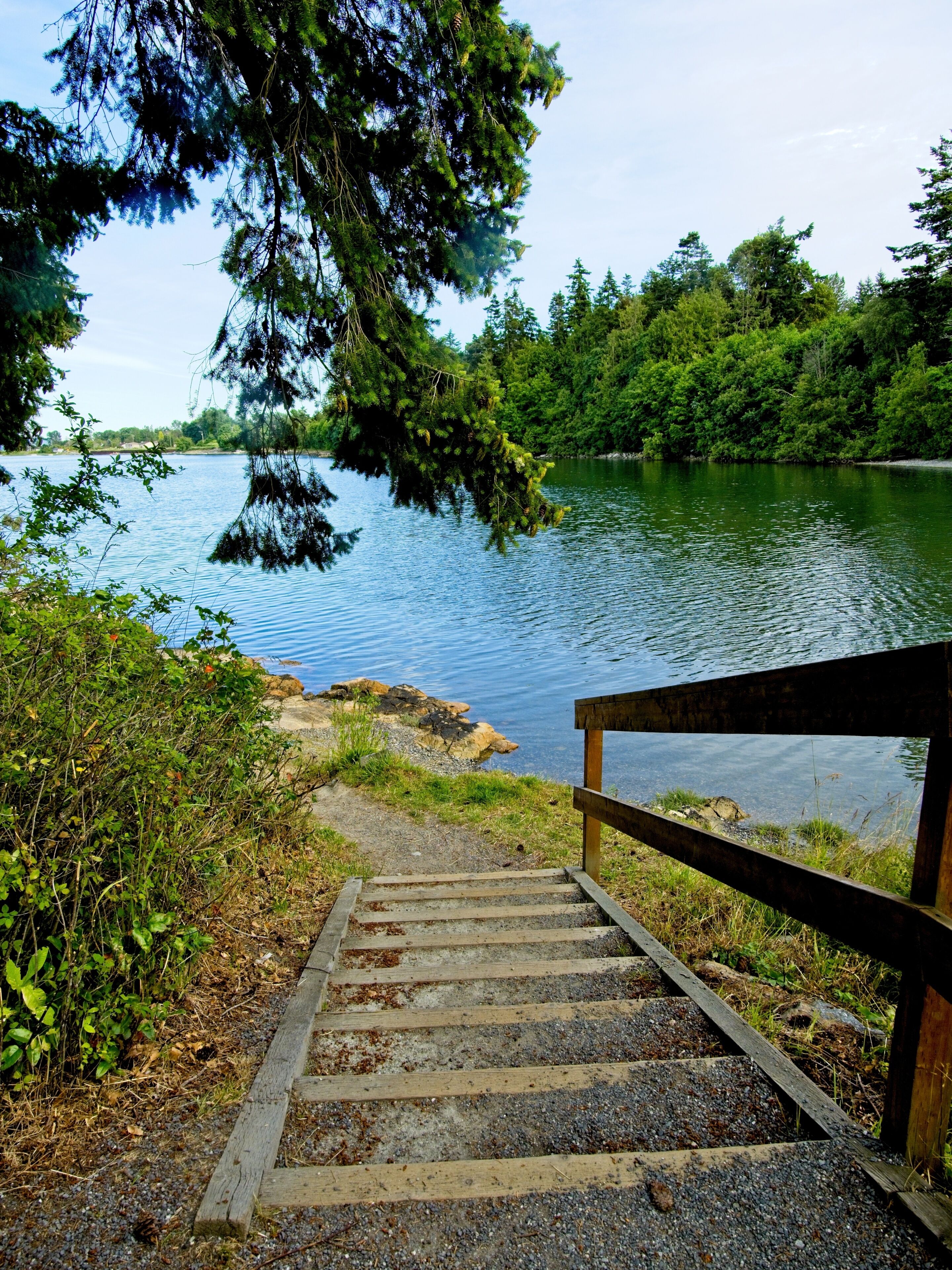 Staircase down the beach in the park overlooking the ocean in Saanichton on Vancouver Island, BC, Canada