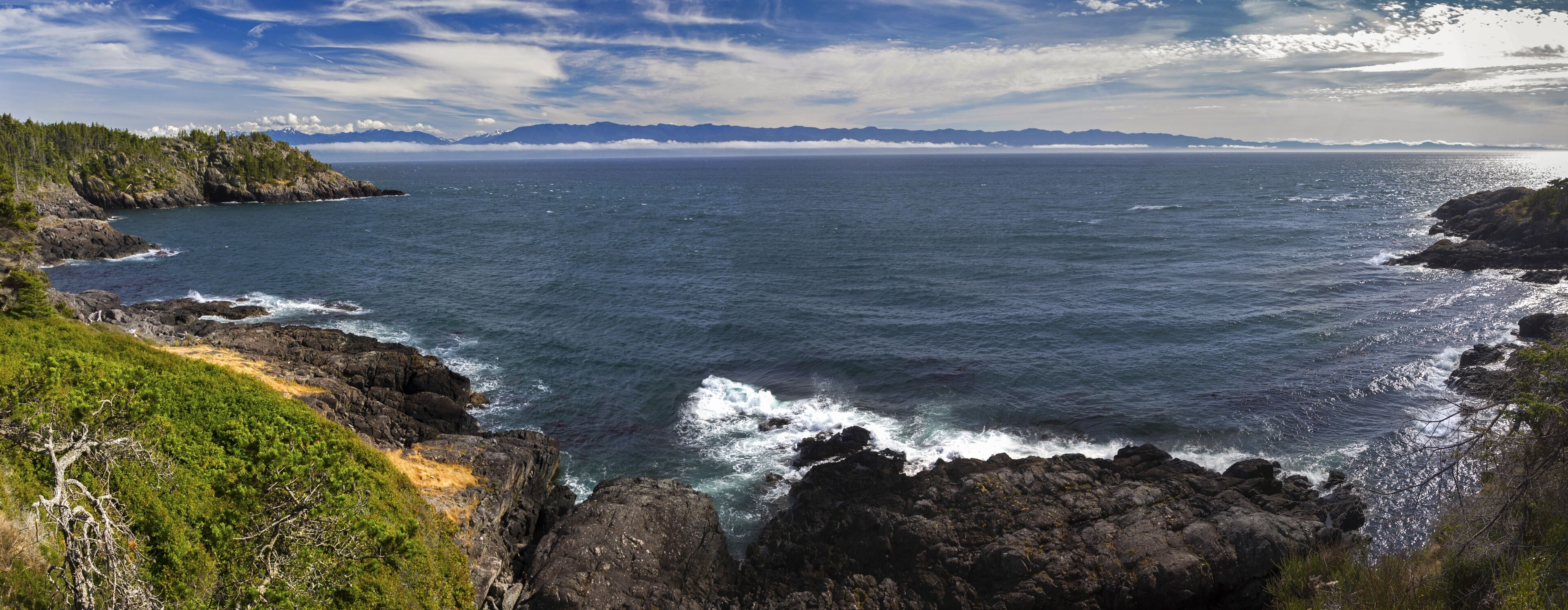 Strait of Juan de Fuca Wide Panoramic Landscape View from Great Coast Hiking Trail near Sooke, Vancouver Island British Columbia Canada