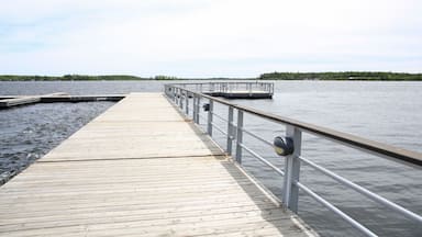 A wooden pier extending into calm water with a metal railing.