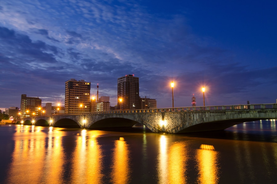 A stone bridge over water with city buildings in the background.