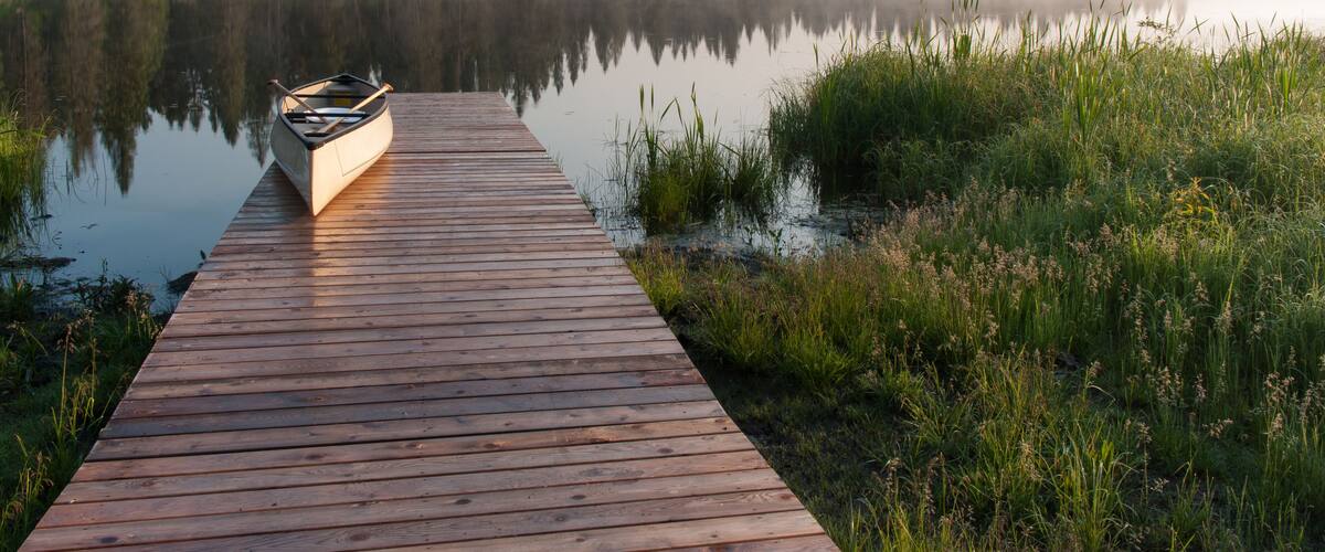 A wooden dock extending into calm waters with a boat, surrounded by dense forest and morning mist.