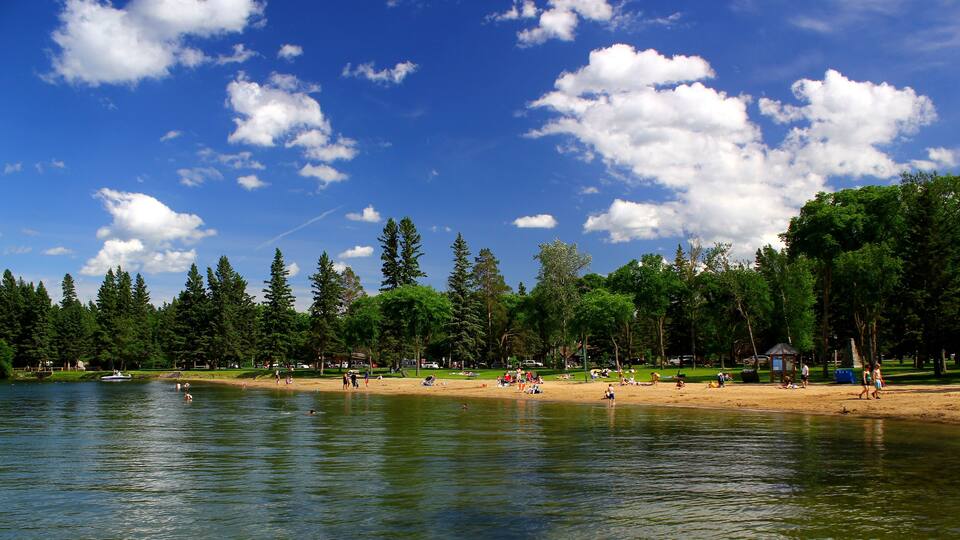 A lakeside park with a sandy beach, trees, and a boat on the water.