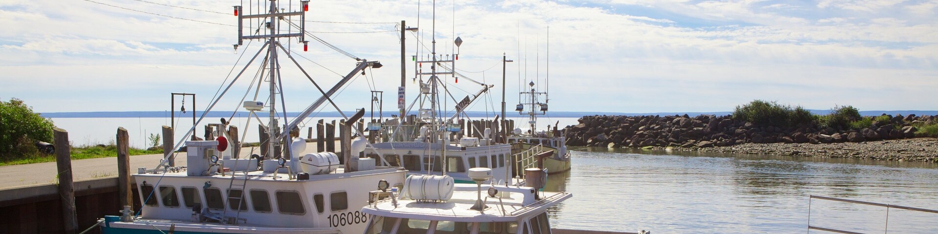 Dos barcos amarrados en un muelle con una costa rocosa y un cielo despejado al fondo.