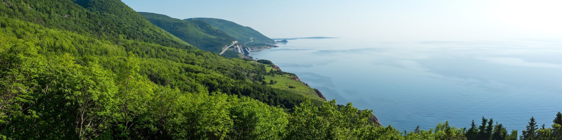 A panoramic view of the Cape Breton Islands along the world famous and most scenic Cabot Trail route, Cape Breton, Nova Scotia.