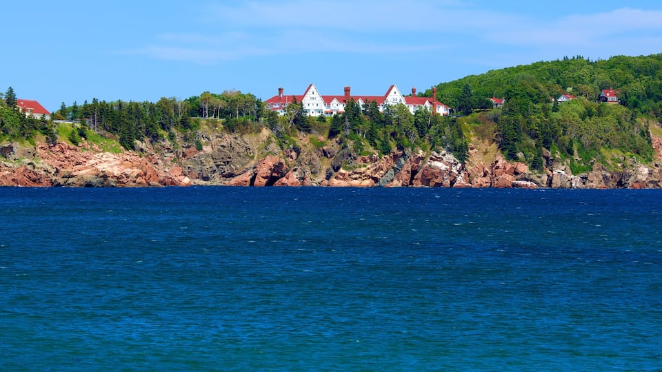 A coastal landscape with a rocky shoreline, a body of water, and a row of houses with red roofs on a hillside.