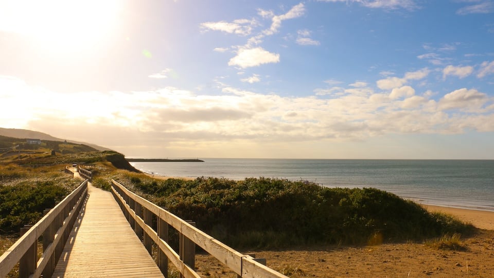 A wooden boardwalk leading to a beach with a clear sky and distant land.