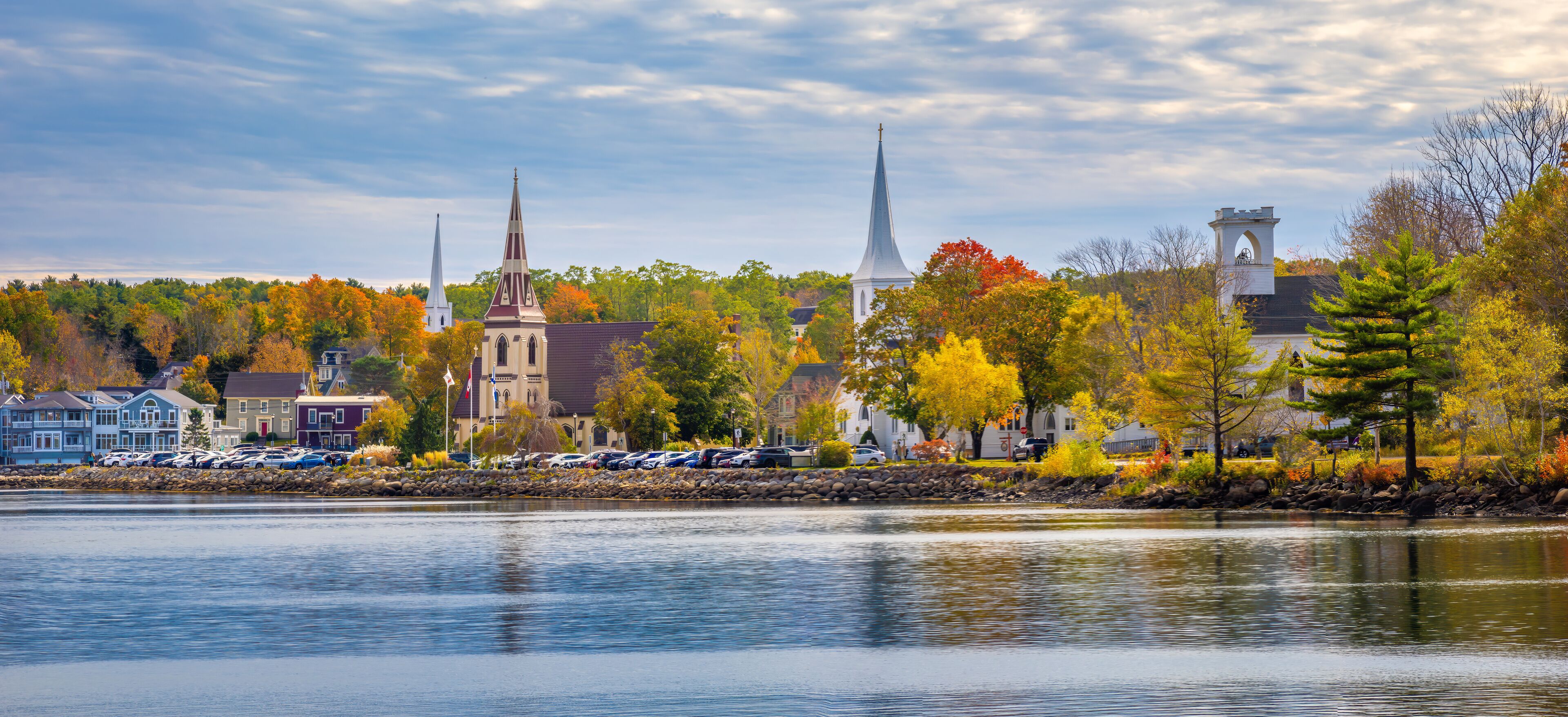 The three iconic churches (Anglican, Lutheran and United) of Mahone Bay  Nova Scotia, Canada