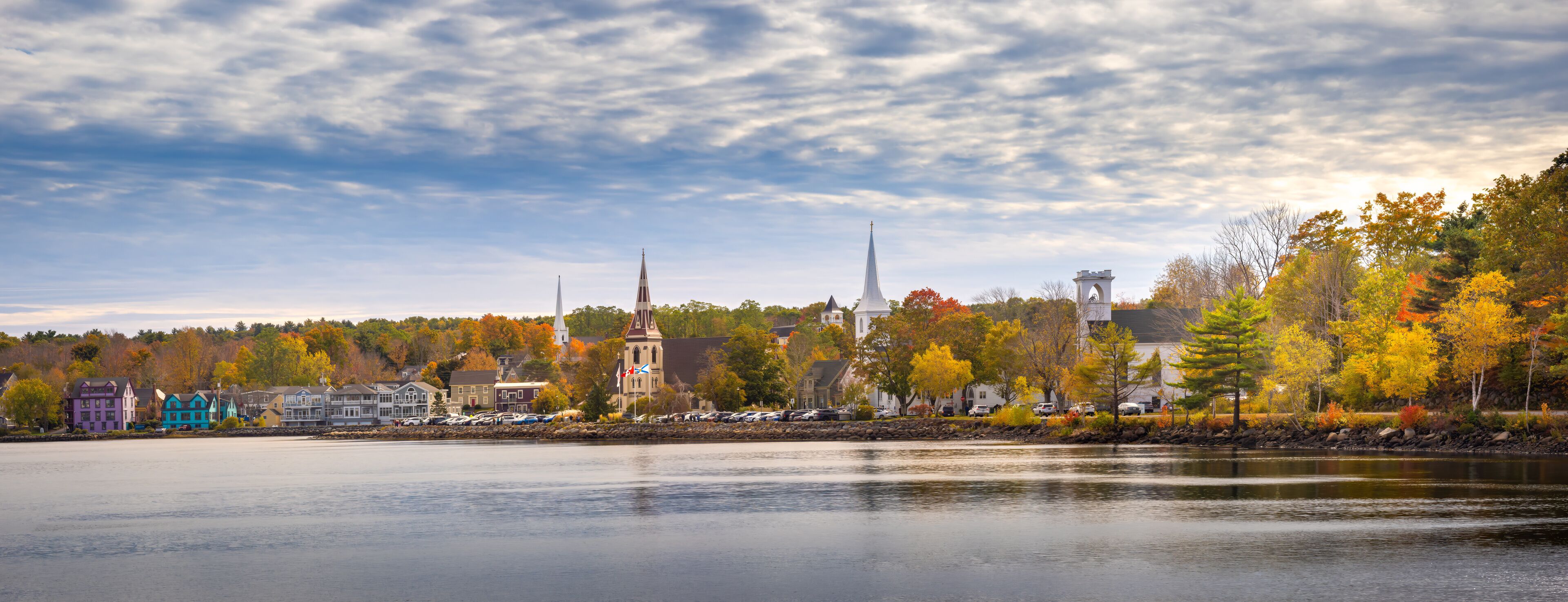 An iconic image of Nova Scotia, Mahone Bay with its three prominent churches (Anglican; Lutheran; and United), Nova Scotia, Canada