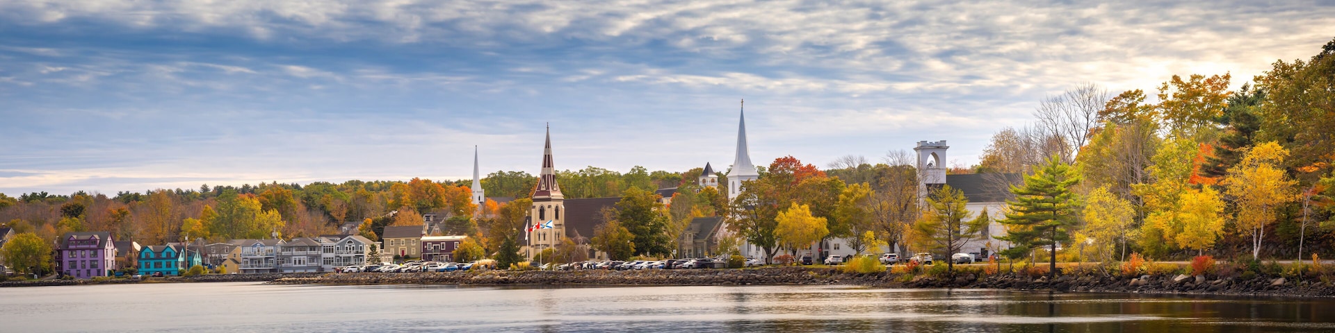 An iconic image of Nova Scotia, Mahone Bay with its three prominent churches (Anglican; Lutheran; and United), Nova Scotia, Canada