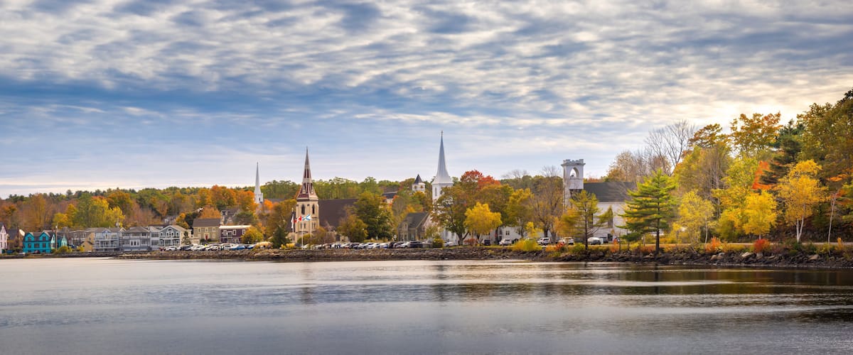 An iconic image of Nova Scotia, Mahone Bay with its three prominent churches (Anglican; Lutheran; and United), Nova Scotia, Canada