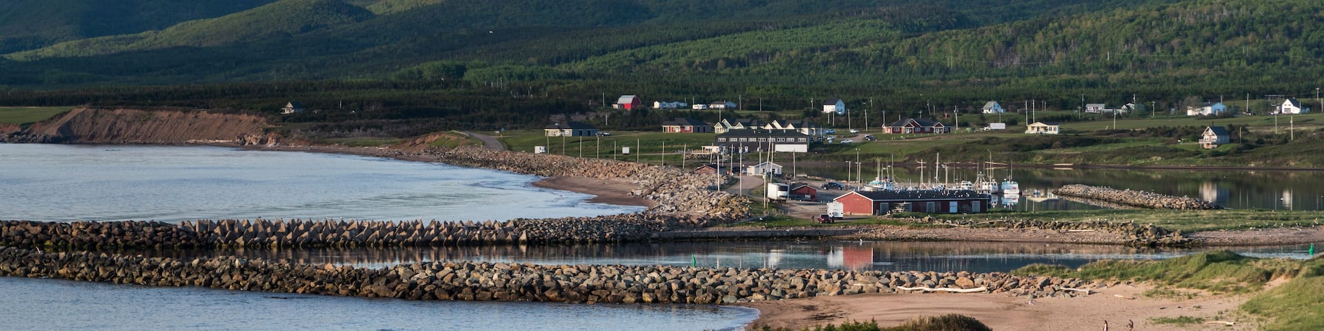 A coastal town with a rocky breakwater, a marina, and houses on the hillside.