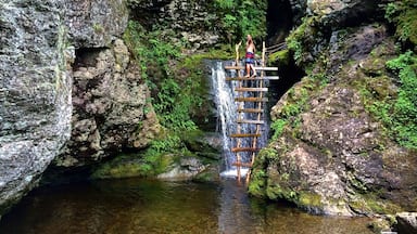 An easy to access swimming hole with a ladder to explore the waterfalls gorge. Only about a 2.5km hike in.
