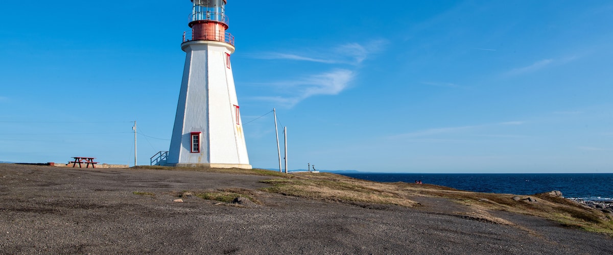 A white and red lighthouse with a clear blue sky in the background.