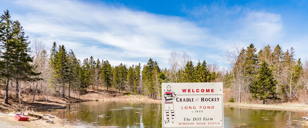 A welcome sign at Cradle of Hockey, Long Pond, Windsor, Nova Scotia.