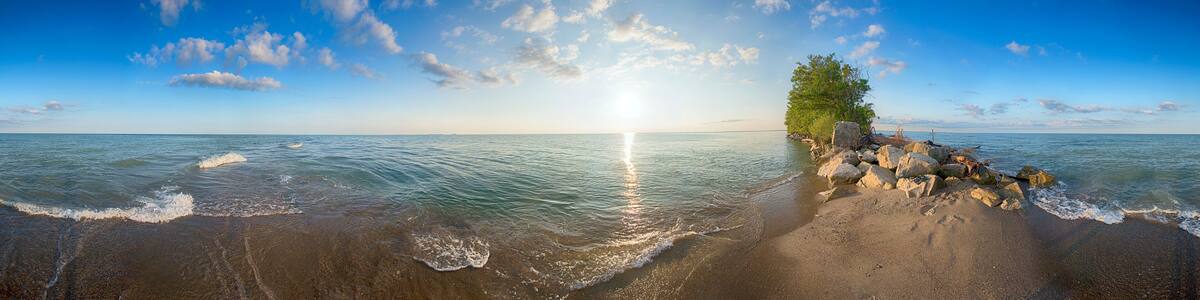 Panoramic view of Point Pelee National Park beach in the summer at sunset time,