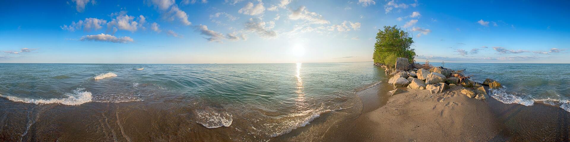 Panoramic view of Point Pelee National Park beach in the summer at sunset time,
