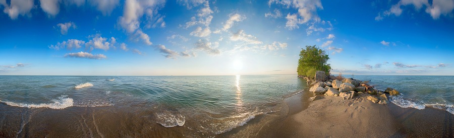 Panoramic view of Point Pelee National Park beach in the summer at sunset time,
