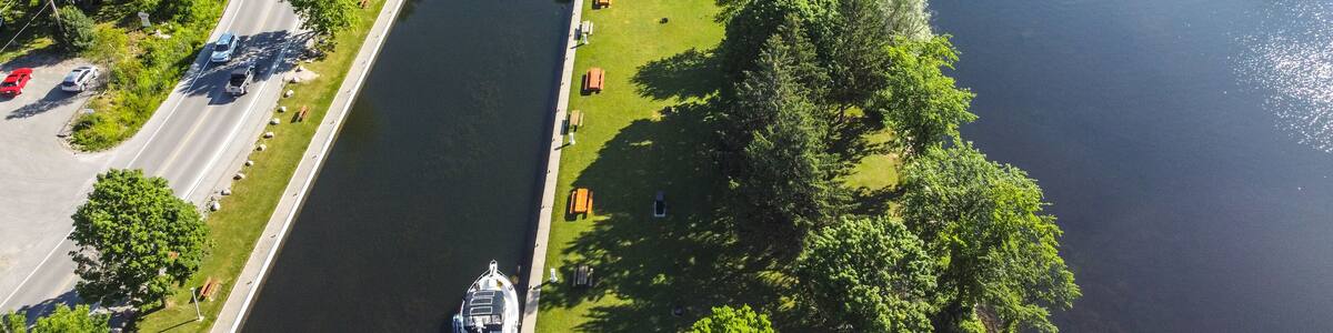 Aerial view of boats on the Trent Severn Canal in Buckhorn, Ontario, Canada