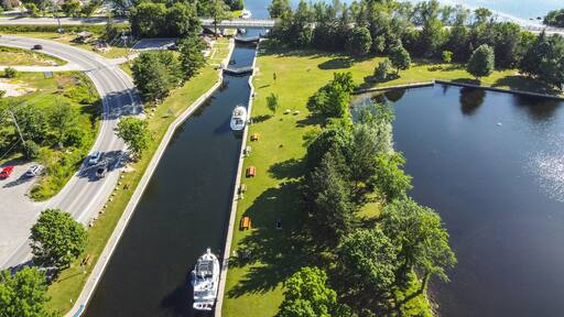 Aerial view of boats on the Trent Severn Canal in Buckhorn, Ontario, Canada