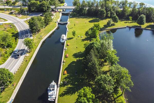 Aerial view of boats on the Trent Severn Canal in Buckhorn, Ontario, Canada