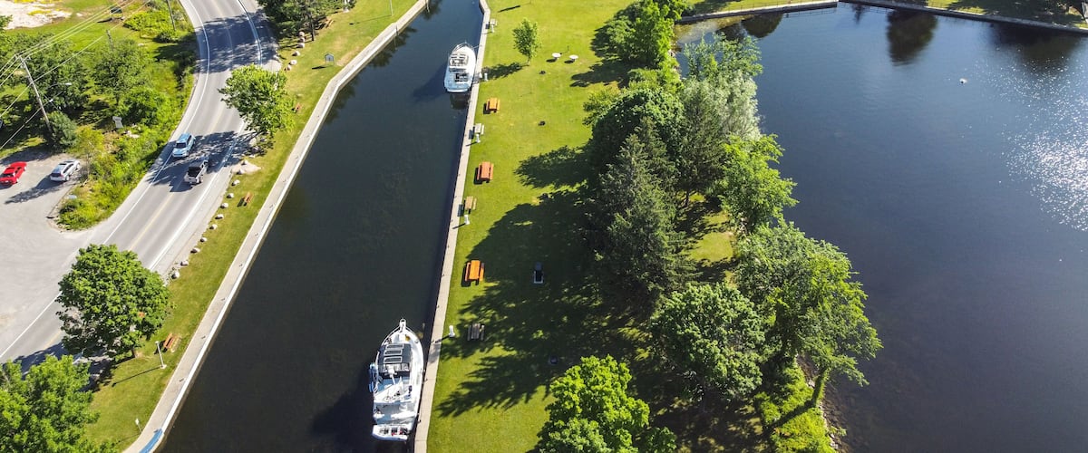 A river with a boat, a bridge, and a park with trees and grass.