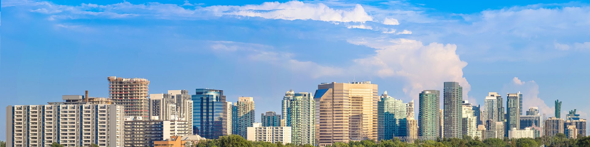 Linha do horizonte da cidade com edifícios modernos e altos, céu azul límpido e área verde em primeiro plano.