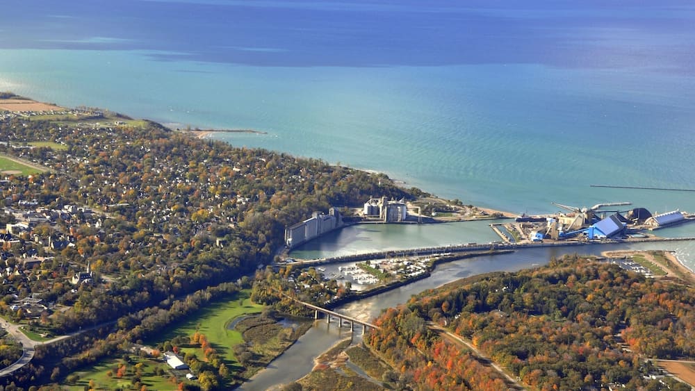 Salt mining plant in Goderich Ontario, aerial Autumn scene