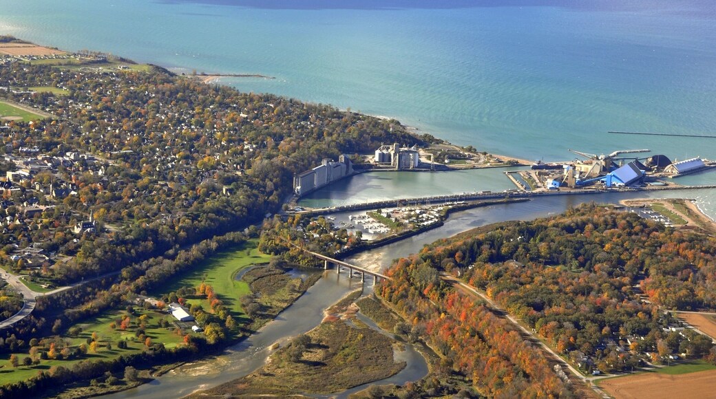 Salt mining plant in Goderich Ontario, aerial Autumn scene