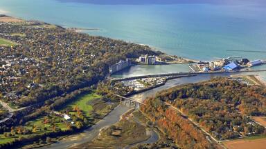 Salt mining plant in Goderich Ontario, aerial Autumn scene