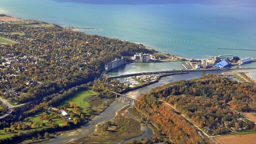Salt mining plant in Goderich Ontario, aerial Autumn scene