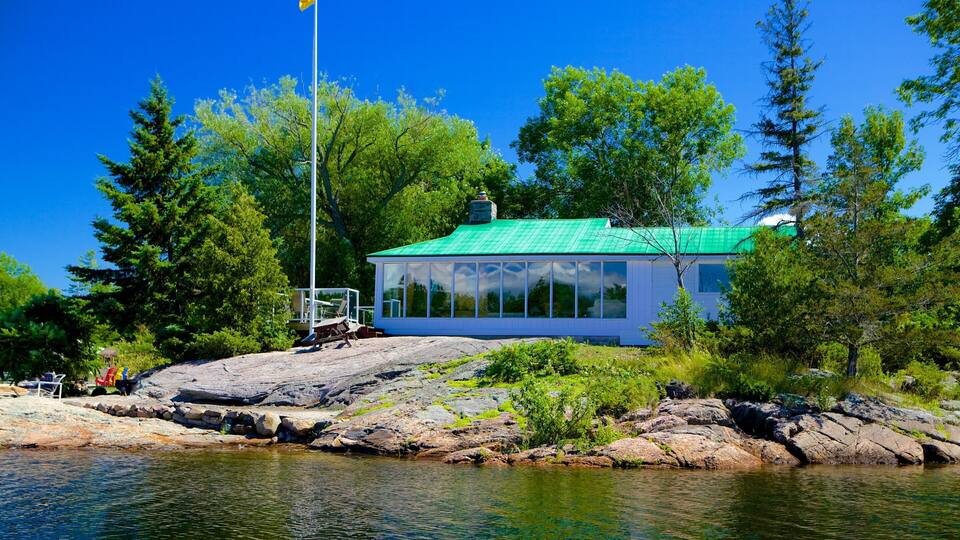 A cabin with a green roof on a rocky shore surrounded by trees.
