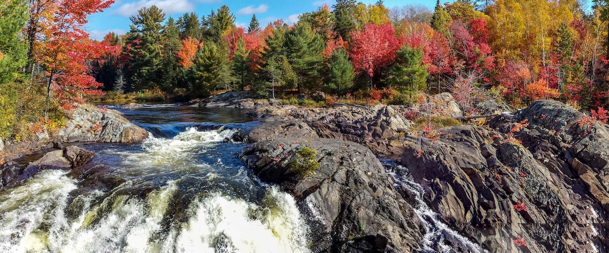 A waterfall surrounded by autumn-colored trees.