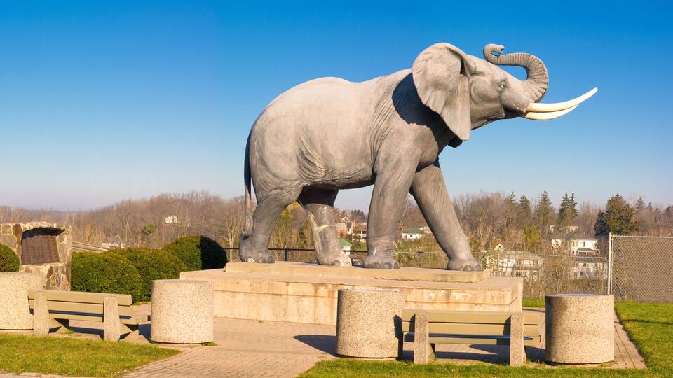 A large elephant statue on a pedestal in a park with benches and a stone monument in the foreground.